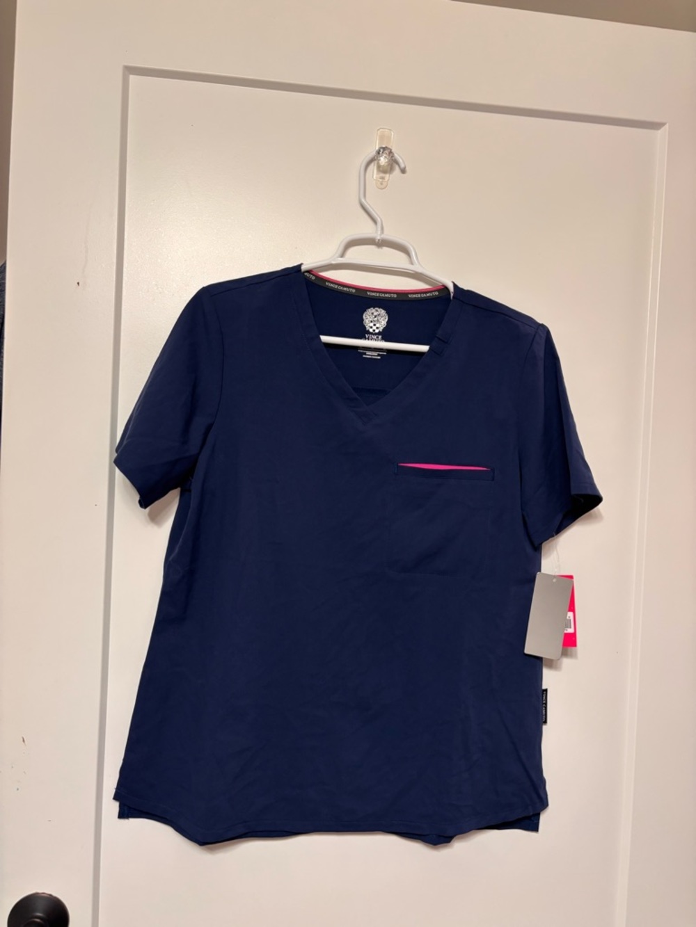 Vince Camaro Navy V-Neck Women’s scrub Top with Pink Trim